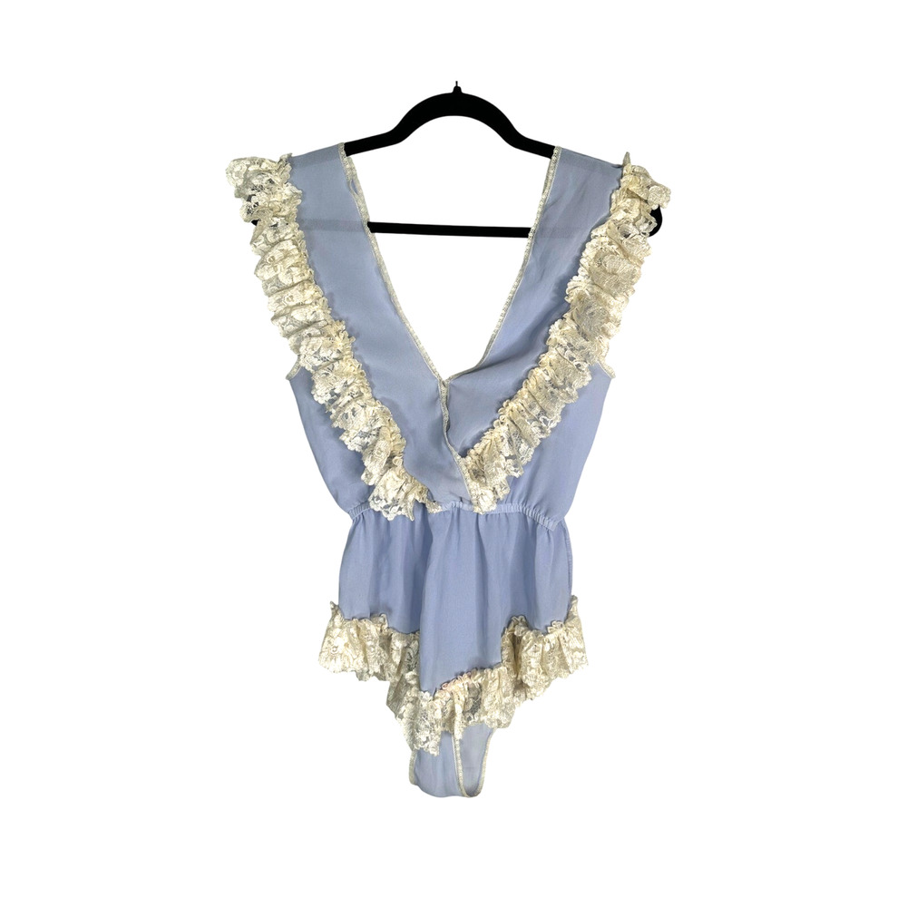 Vintage Flora Nikrooz S Lace One Piece Teddy Boudoir Pin Up Sexy Periwinkle Blue - Picture 3 of 7